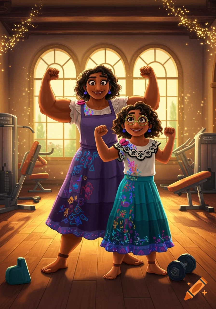 Cartoon of Mirabel's mother and Mirabel from Disney's Encanto flexing muscles in a gym.