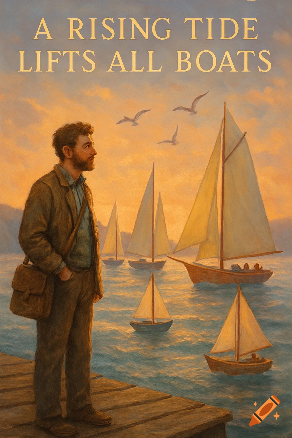 A man on a dock looks at sailboats on the water at sunset, with the text 'A RISING TIDE LIFTS ALL BOATS' above, in a painterly style.
