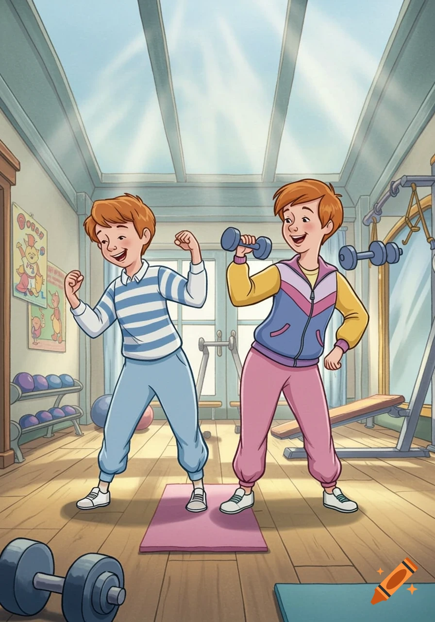 Cartoon of Christopher Robin and his mom exercising in a gym, with the mom lifting a dumbbell and Christopher Robin flexing.