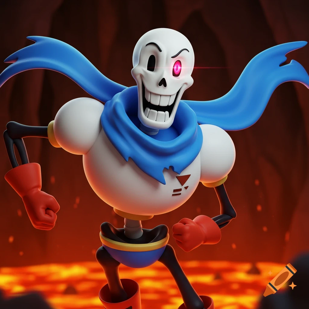A 3D render of Papyrus from Undertale smiling widely with a glowing red eye, standing in front of a fiery, lava-filled background.