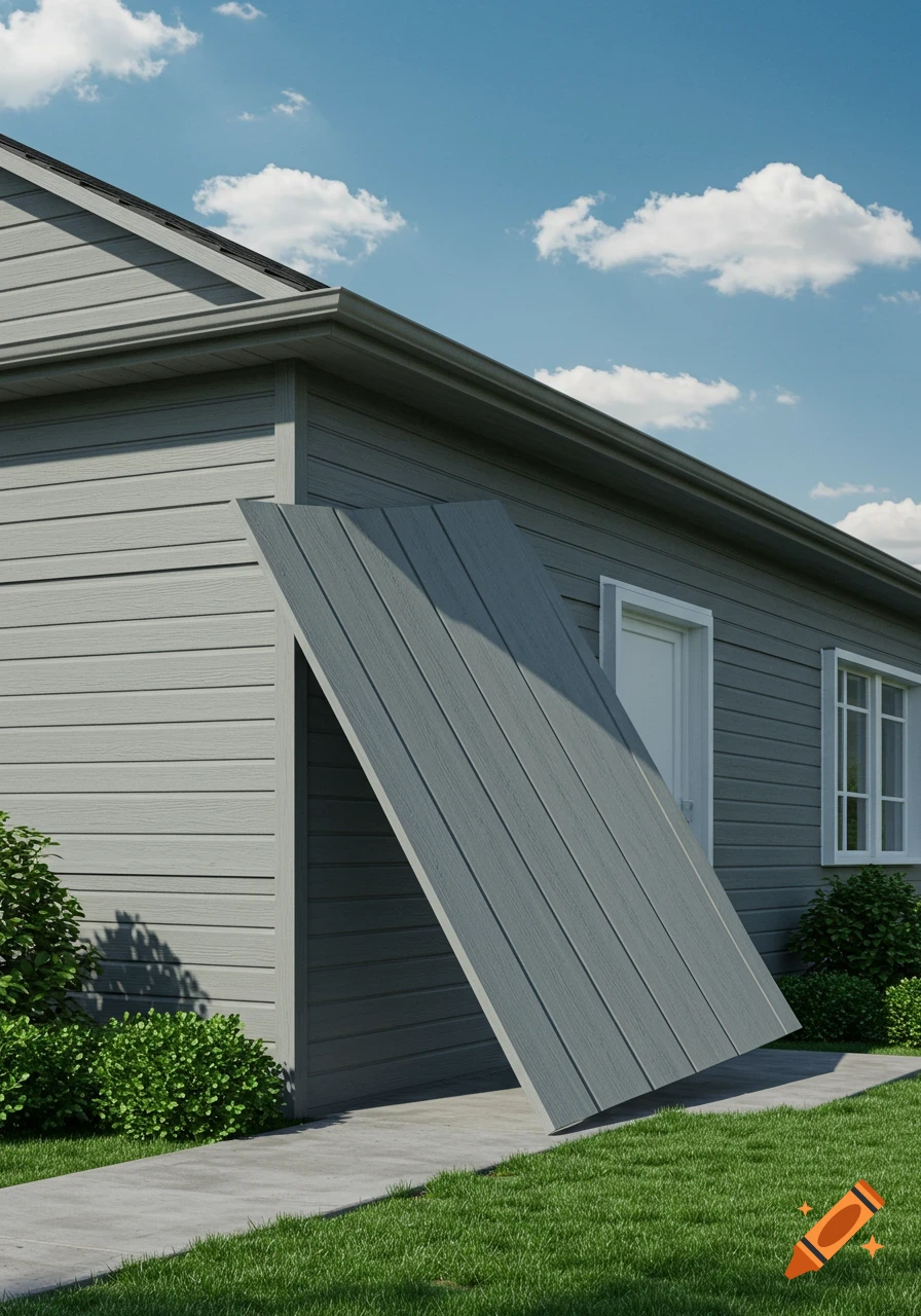 A realistic photo of a gray house with two vinyl siding panels sticking out and bent as if damaged by wind.