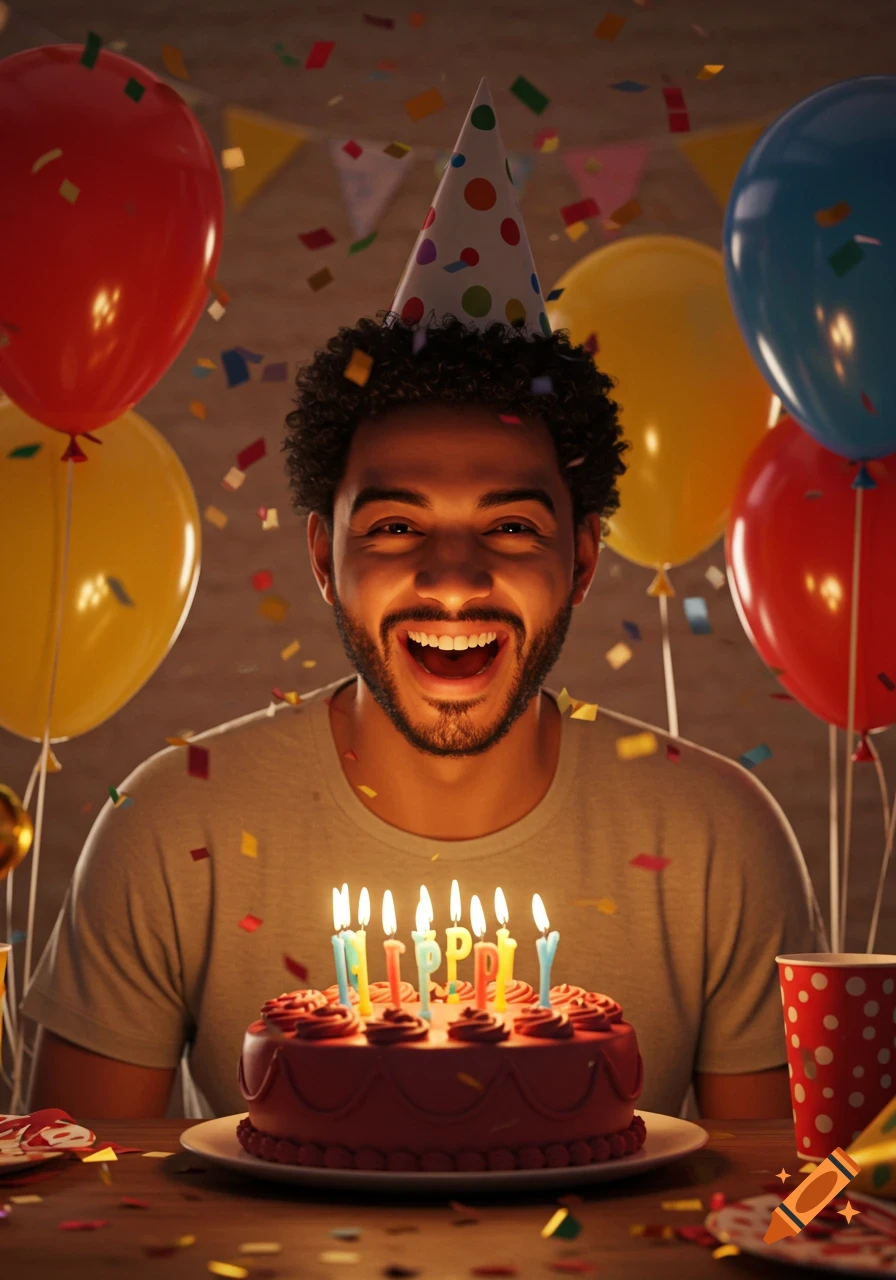 A smiling man with a party hat and curly hair looks excitedly at a birthday cake with lit candles. Colorful balloons and confetti surround him in a warm, festive setting.