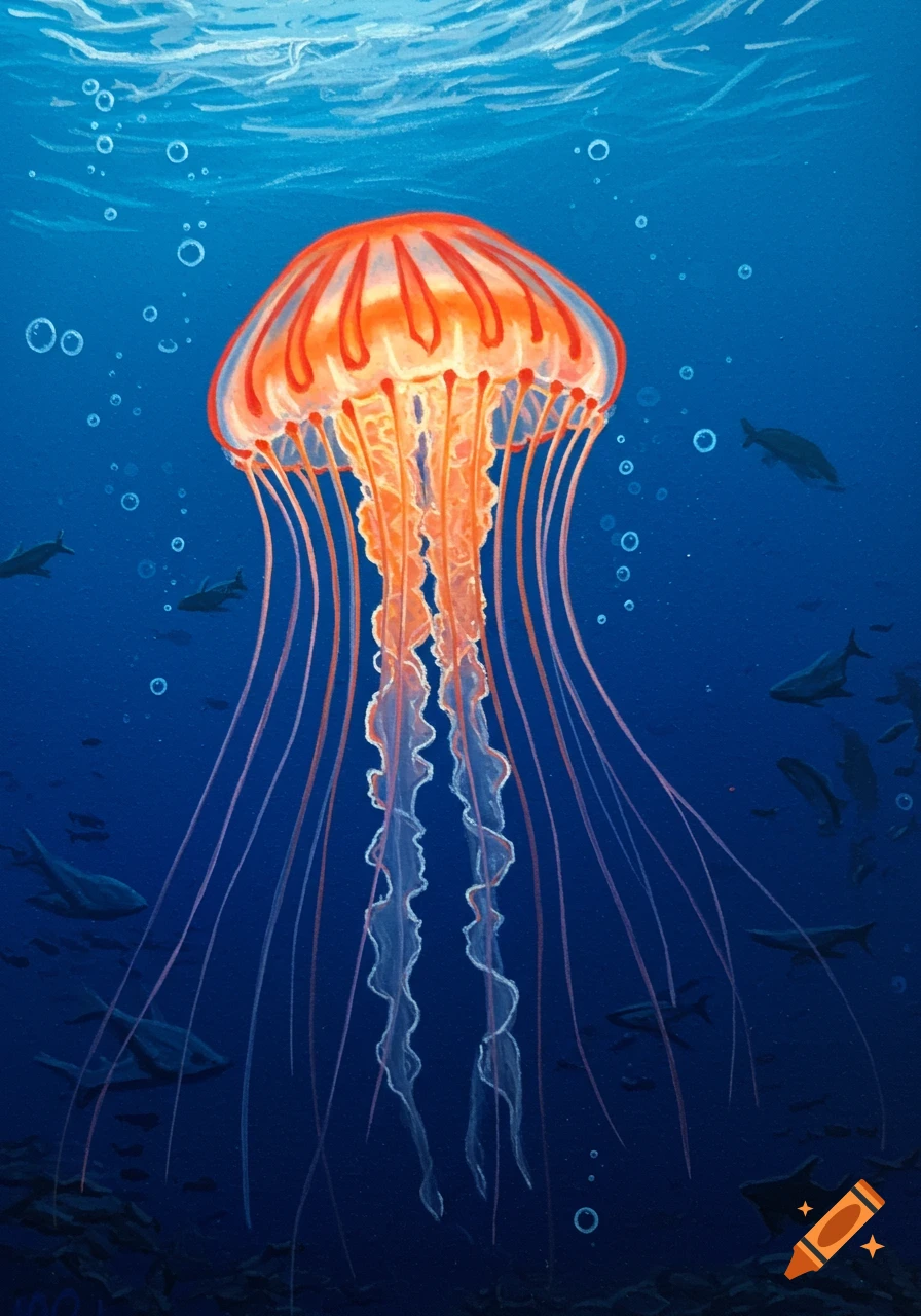 An oil pastel illustration of a glowing orange deep-sea jellyfish with long tentacles floating in a deep blue ocean with small fish.