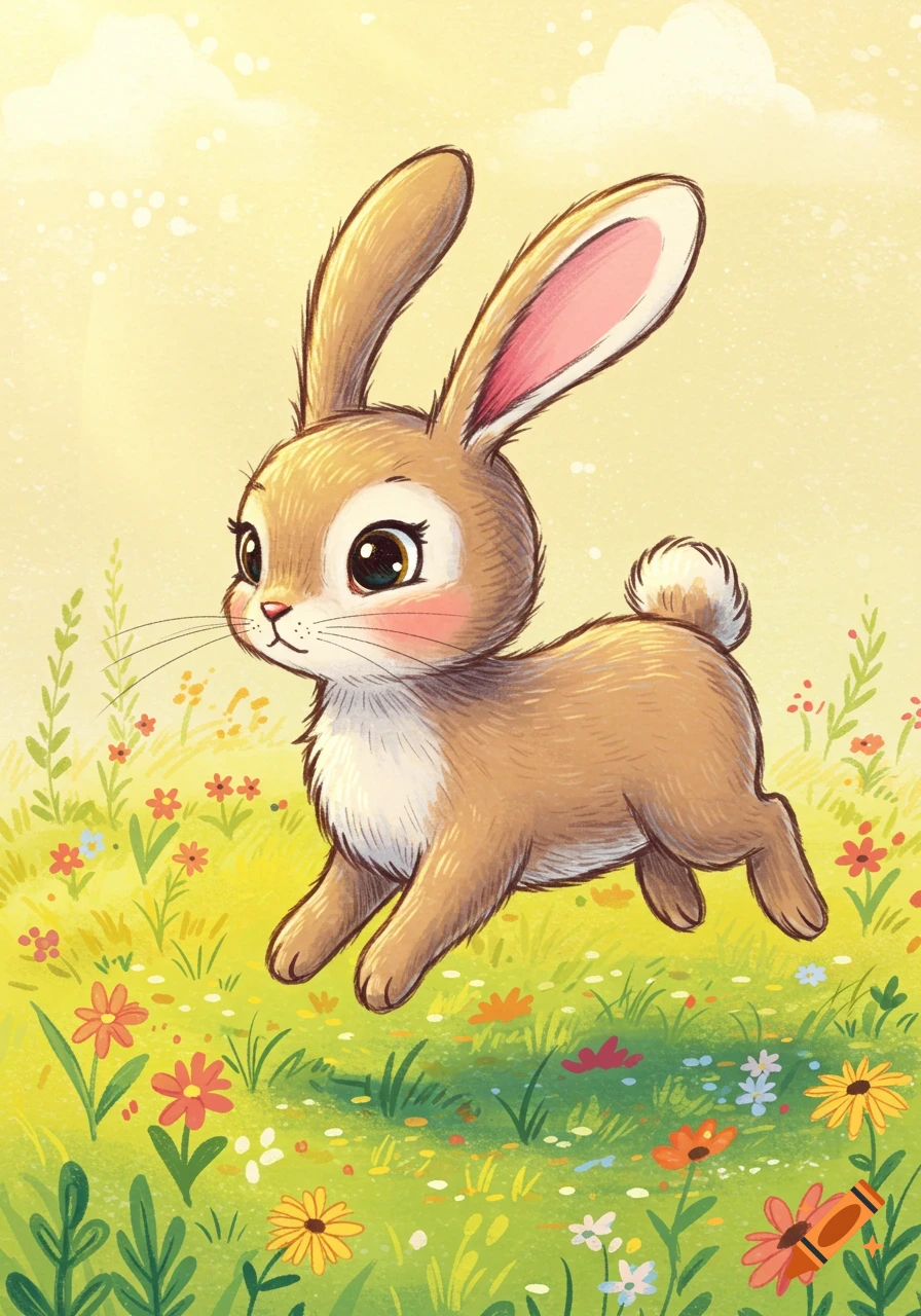 A cute cartoon hand-drawn rabbit hops through a vibrant green field filled with colorful wildflowers under a sunny sky.