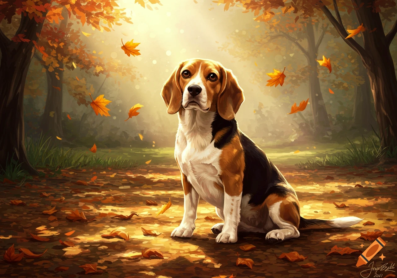 An illustrated beagle dog sits among fallen autumn leaves in a sunlit forest.