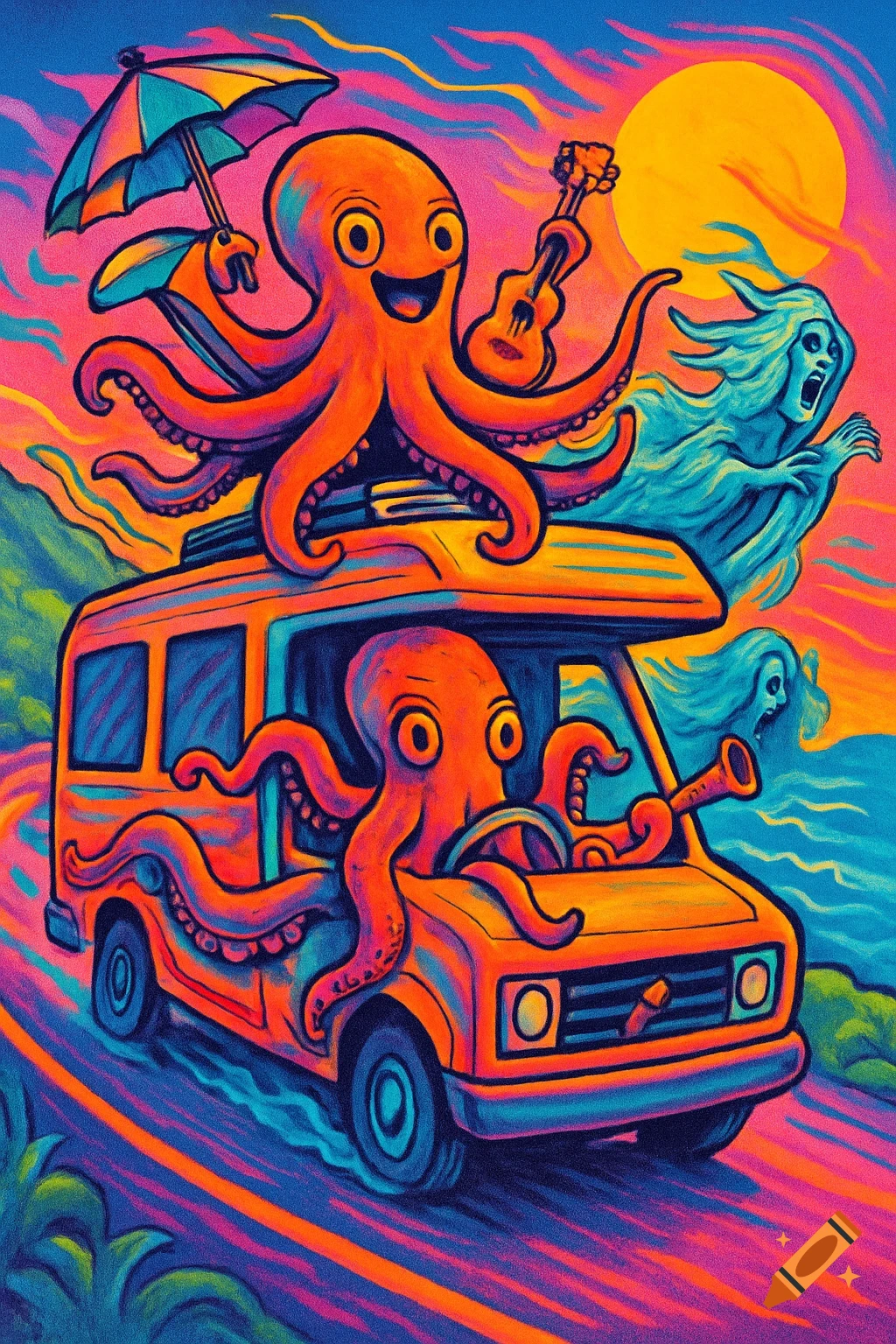 A vibrant, psychedelic cartoon shows an octopus driving an RV, with another octopus playing ukulele on the roof, chased by howling banshees under a bright sun.