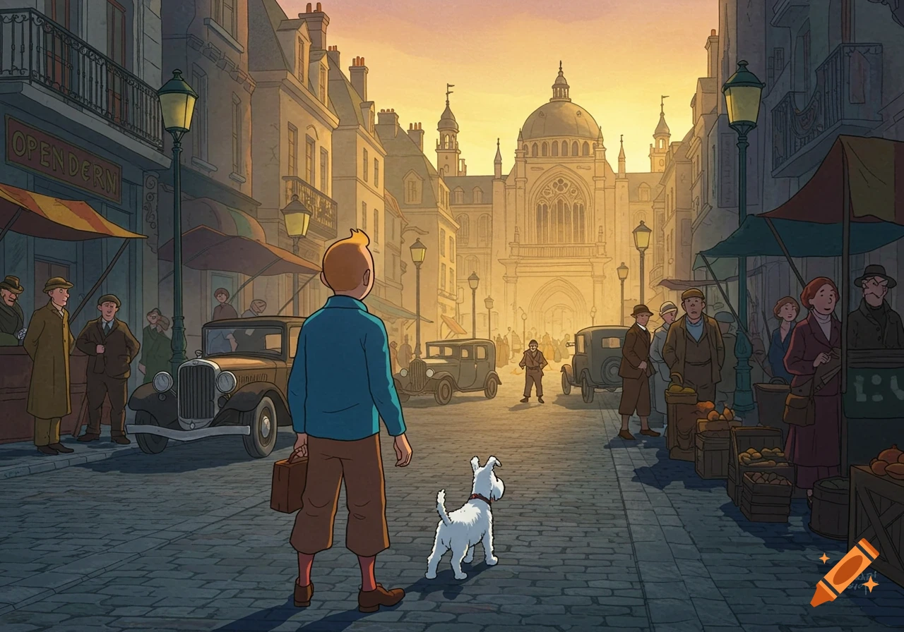 Tintin and Snowy stand on a cobblestone street in a European city, looking towards a grand cathedral at sunset in comic art style.