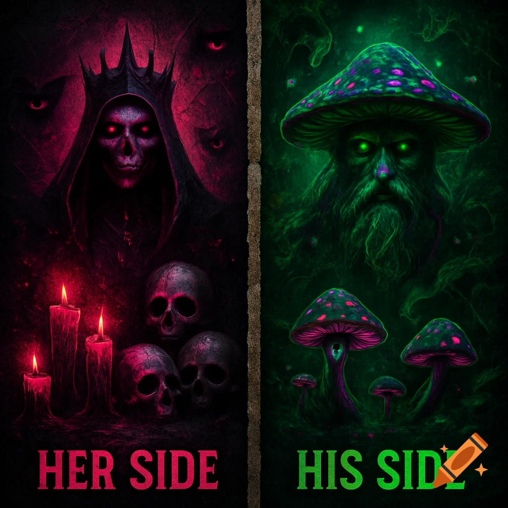 A split dark fantasy image: a hooded skull queen with red eyes and skulls on one side, a mushroom spore king with green eyes on the other.