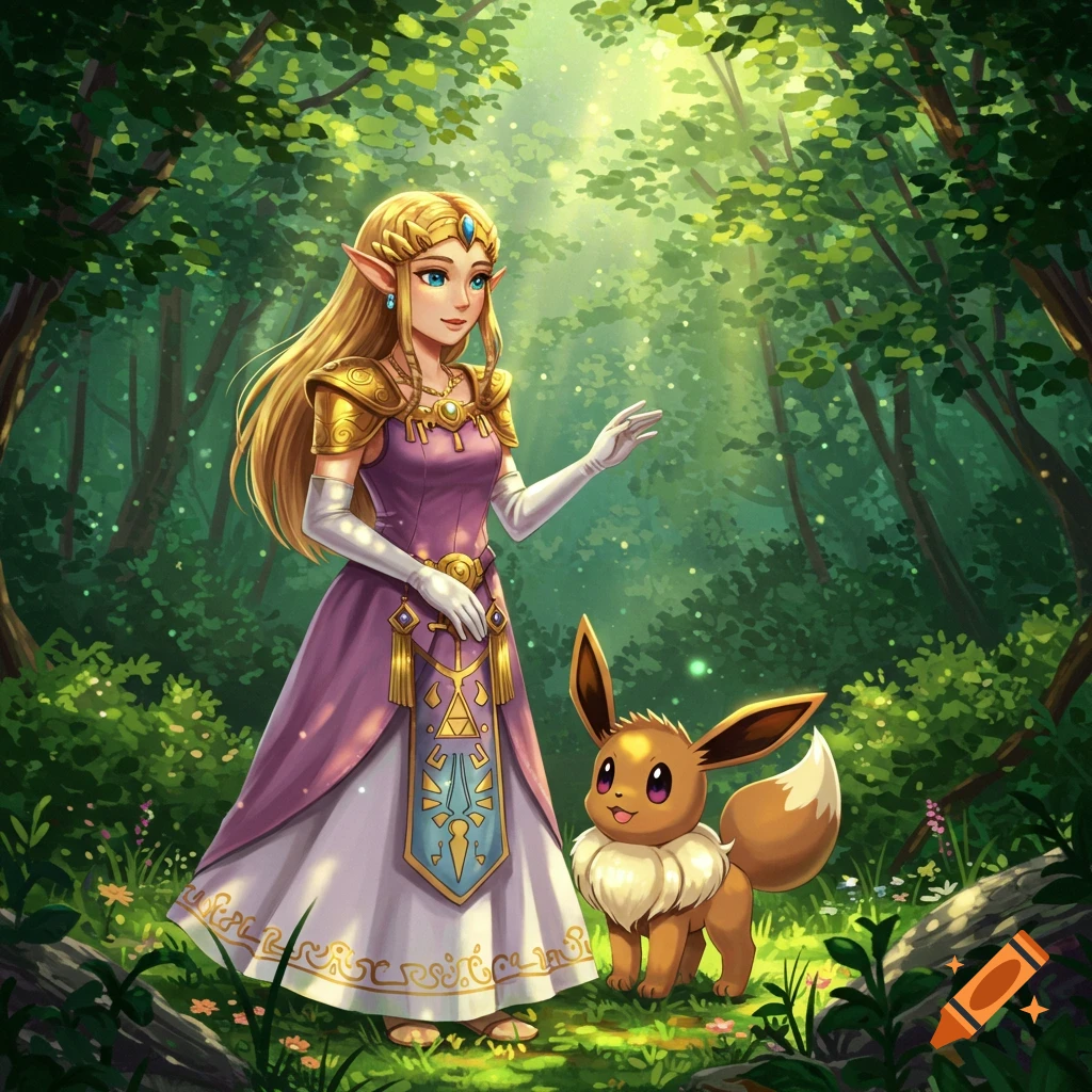 Princess Zelda and Eevee stand in a bright, sun-dappled green forest in a vibrant fantasy illustration.