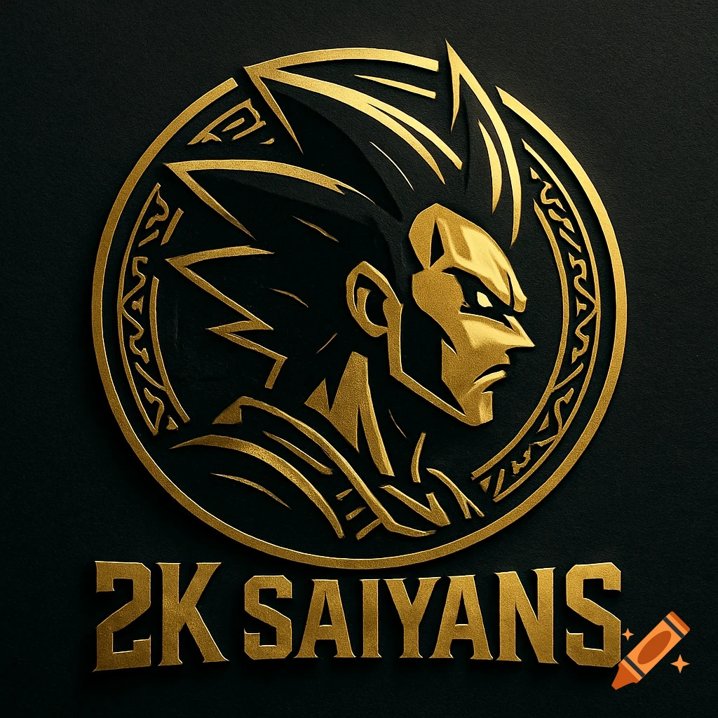 Gold and black embossed logo of an anime character's profile (like Vegeta) within a circular emblem, with '2K SAIYANS' text below.