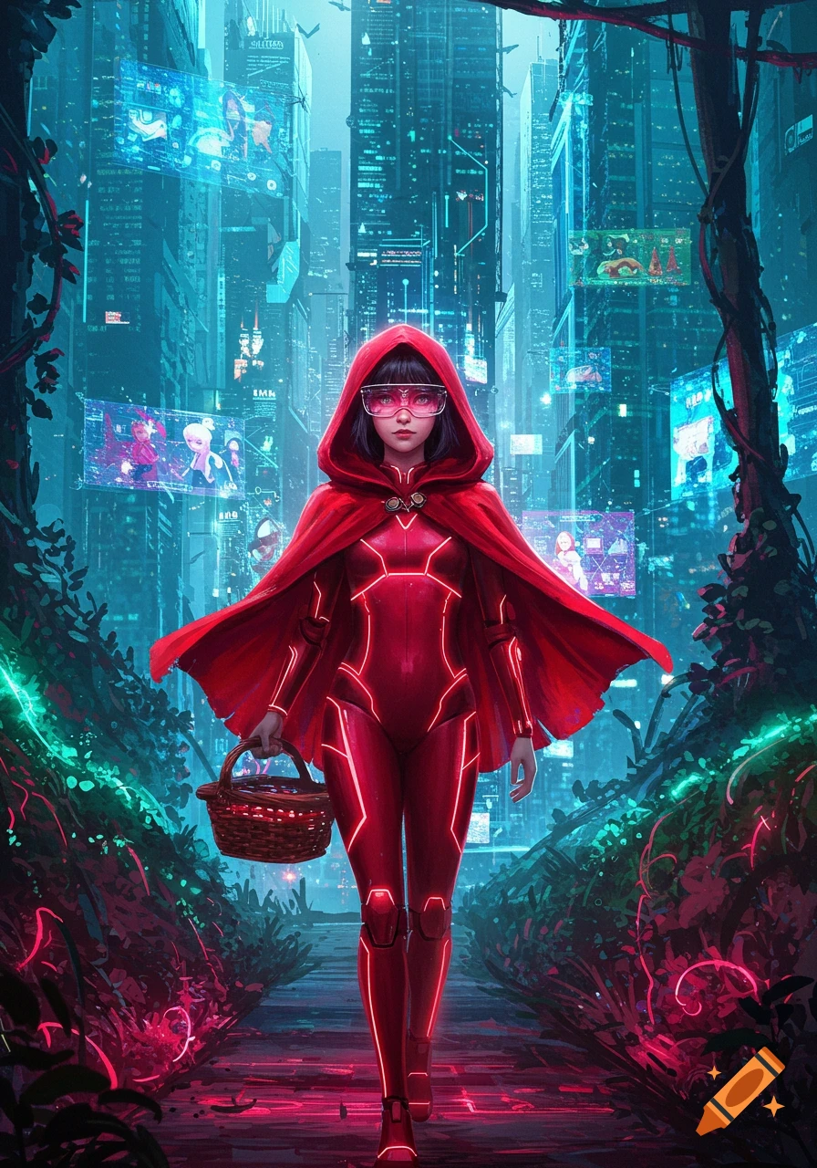 A futuristic Little Red Riding Hood in a red glowing suit and cape walks through a neon-lit cyberpunk city, holding a basket.
