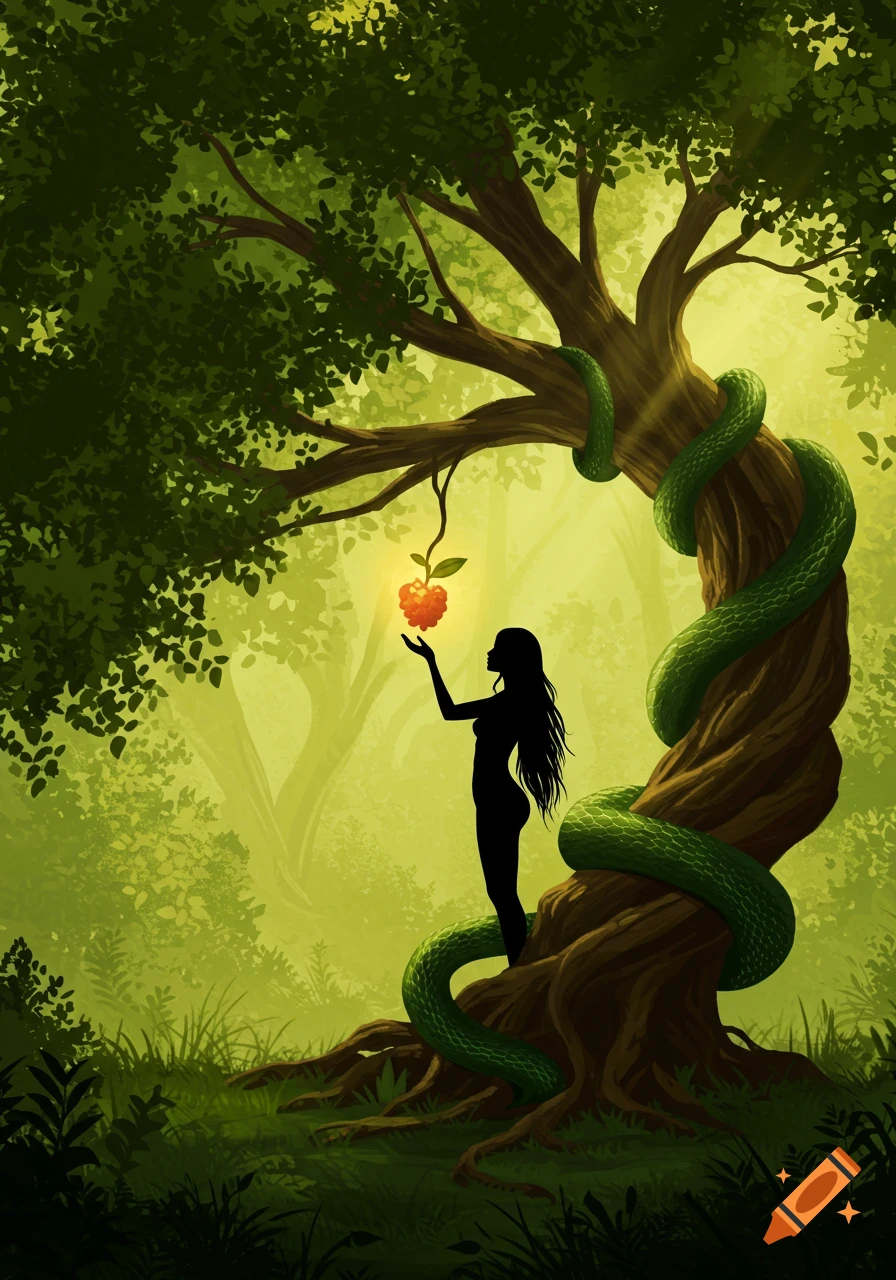 A silhouette of Eve reaches for a glowing fruit on a tree wrapped by a green snake in a lush, stylized garden.