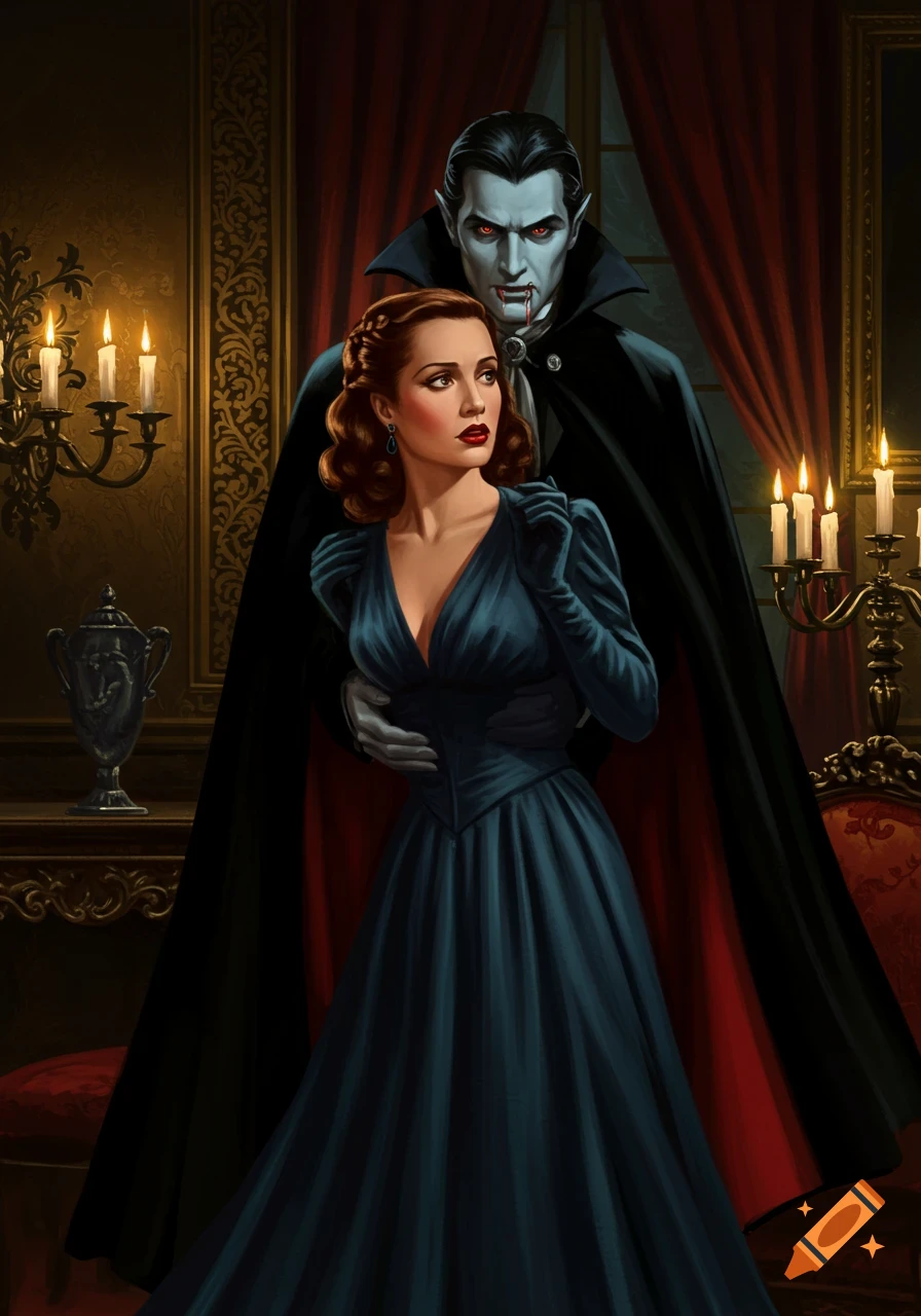 Vintage illustration of a vampire with fangs embracing a woman in a dark, opulent room.