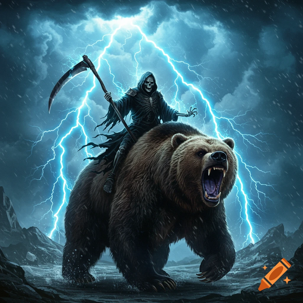 A skeletal Grim Reaper in a dark cloak rides a roaring brown grizzly bear through a stormy landscape with bright blue lightning strikes.