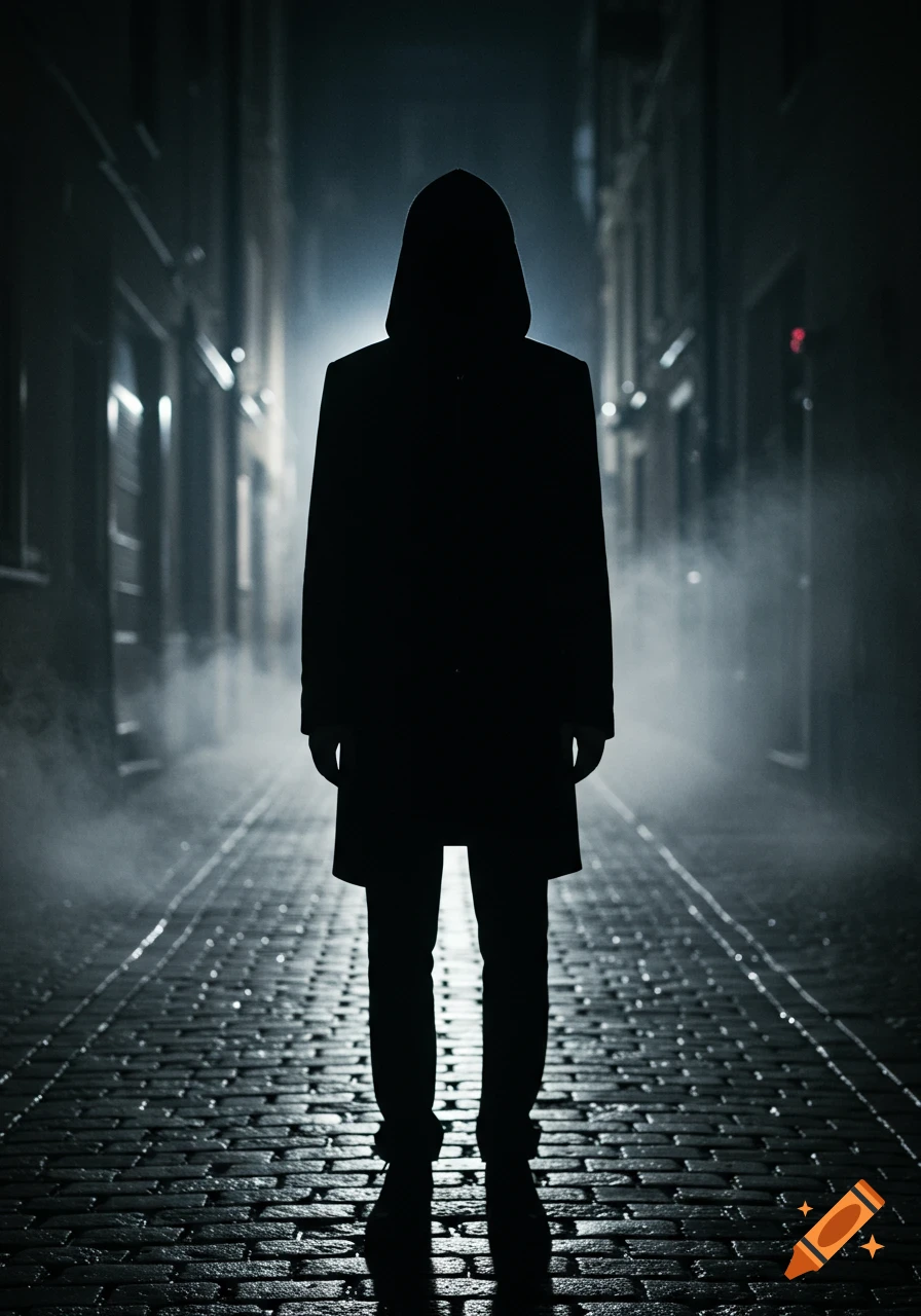 A silhouetted, hooded figure stands facing forward in a dark, foggy cobblestone alley with distant lights.