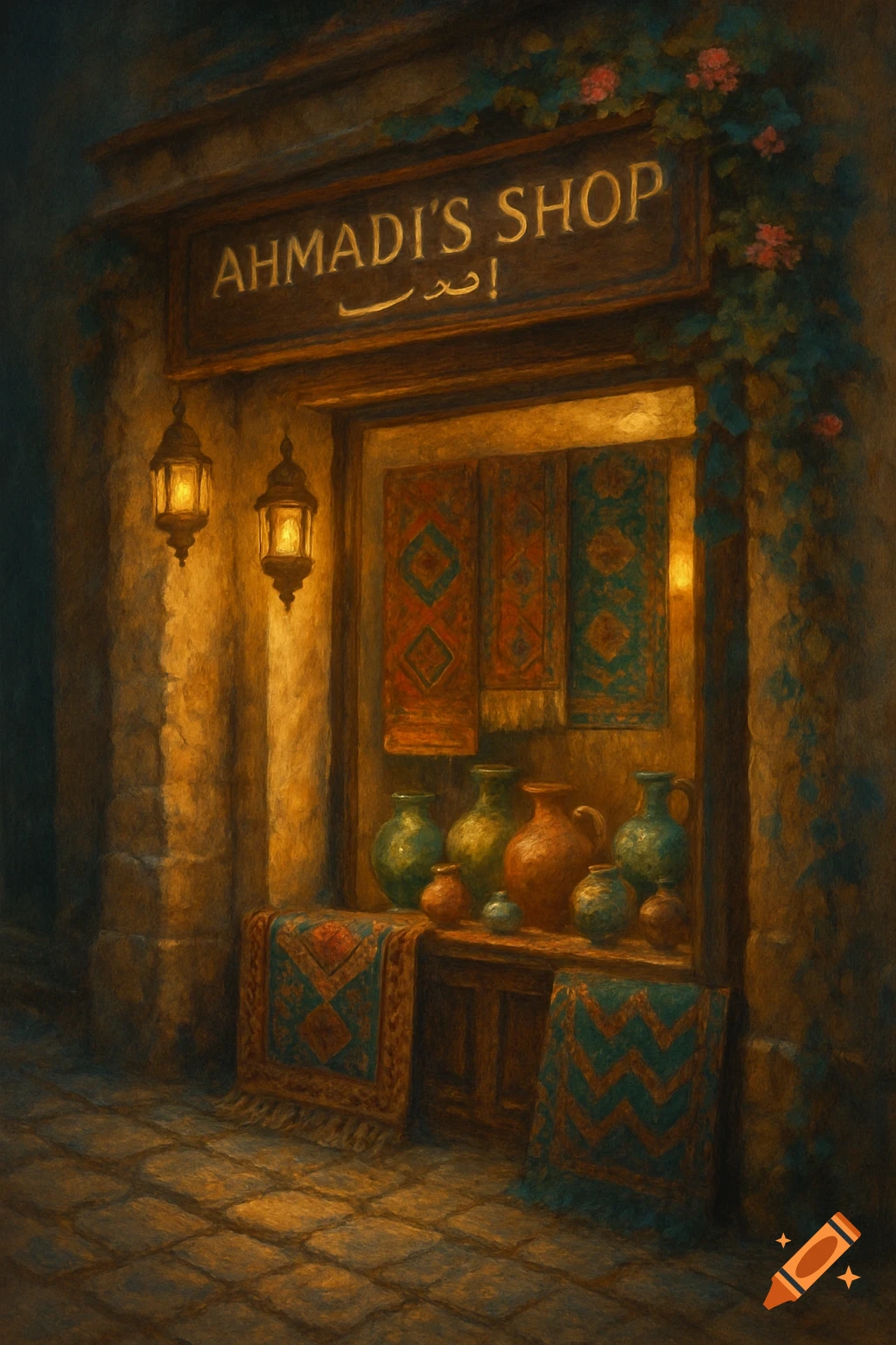 An oil painting of an old, warmly lit Ahmadi's shop at night, displaying colorful rugs and ceramic vases in its window.