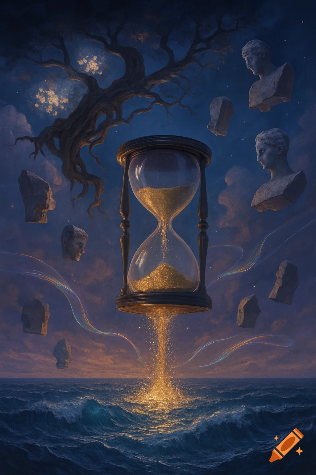 A surreal hourglass floats above a dark ocean, spilling golden light onto the waves, with floating stone busts and a tree in the night sky.