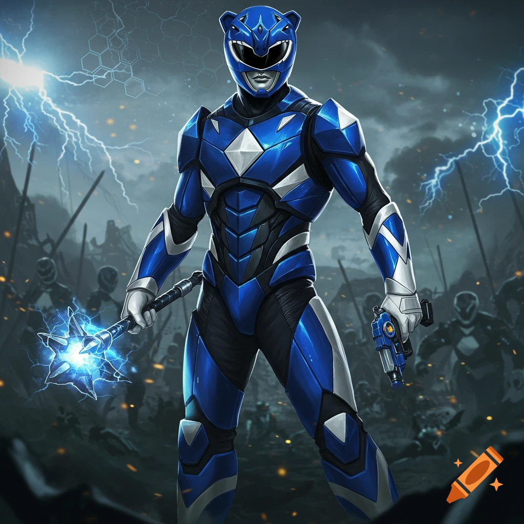 A blue Power Ranger in detailed armor stands heroically, holding a glowing plasma mace and blaster, amidst a stormy battle scene.