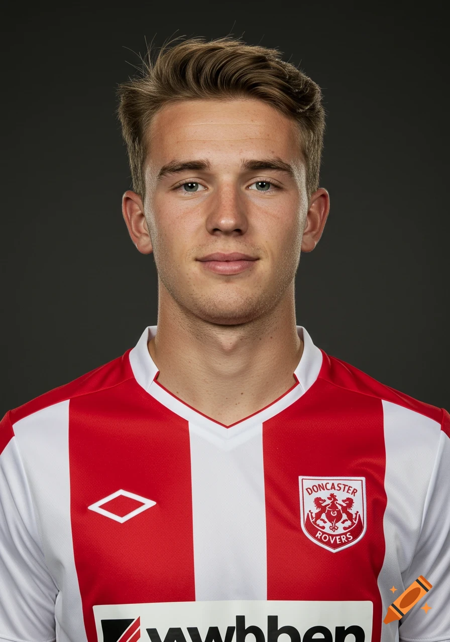 Close-up portrait of a young man with brown hair, wearing a red and white striped soccer jersey, looking at the camera.