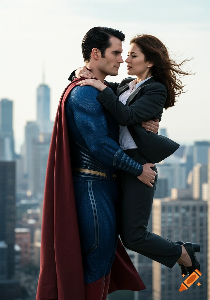 Photorealistic depiction of Superman holding Lois Lane on a rooftop, gazing into her eyes with a city skyline behind them.
