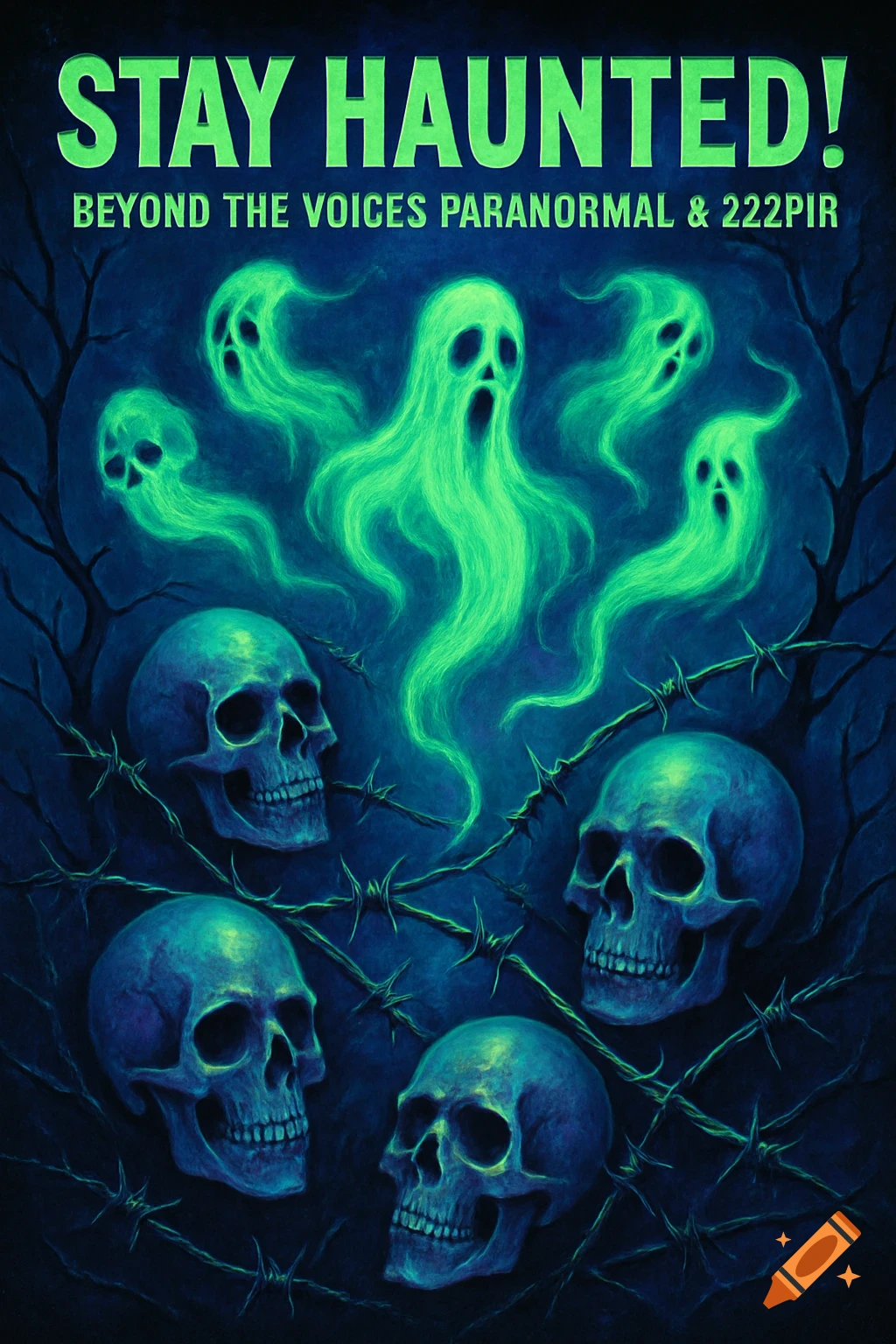 Glowing green ghosts hover above blue skulls, barbed wire, and branches in a spooky, dark illustration with text 'STAY HAUNTED!'.