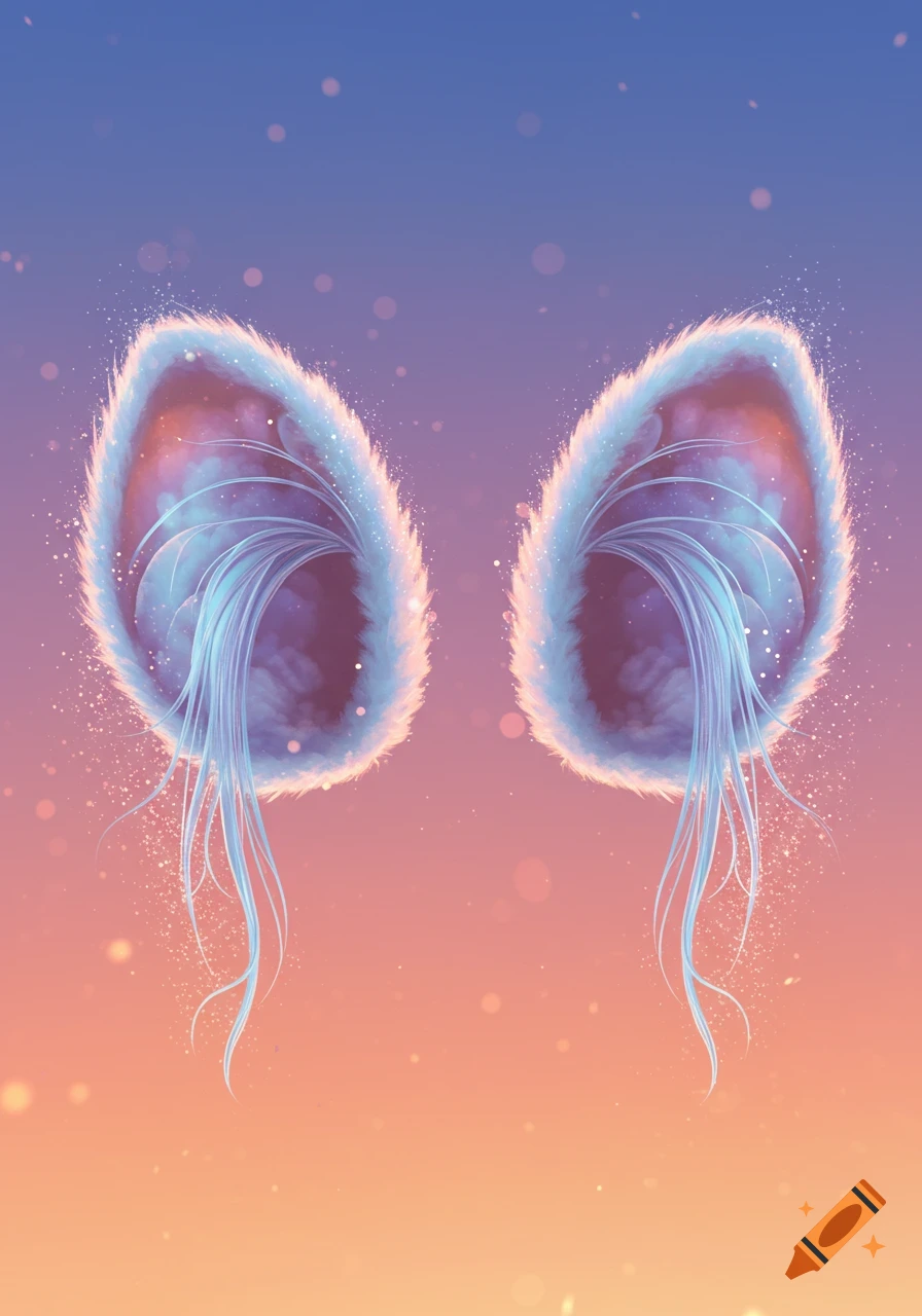 Fantasy illustration of two fluffy, glowing ear-like objects with wispy blue tendrils and shimmering particles against a purple and orange gradient background.