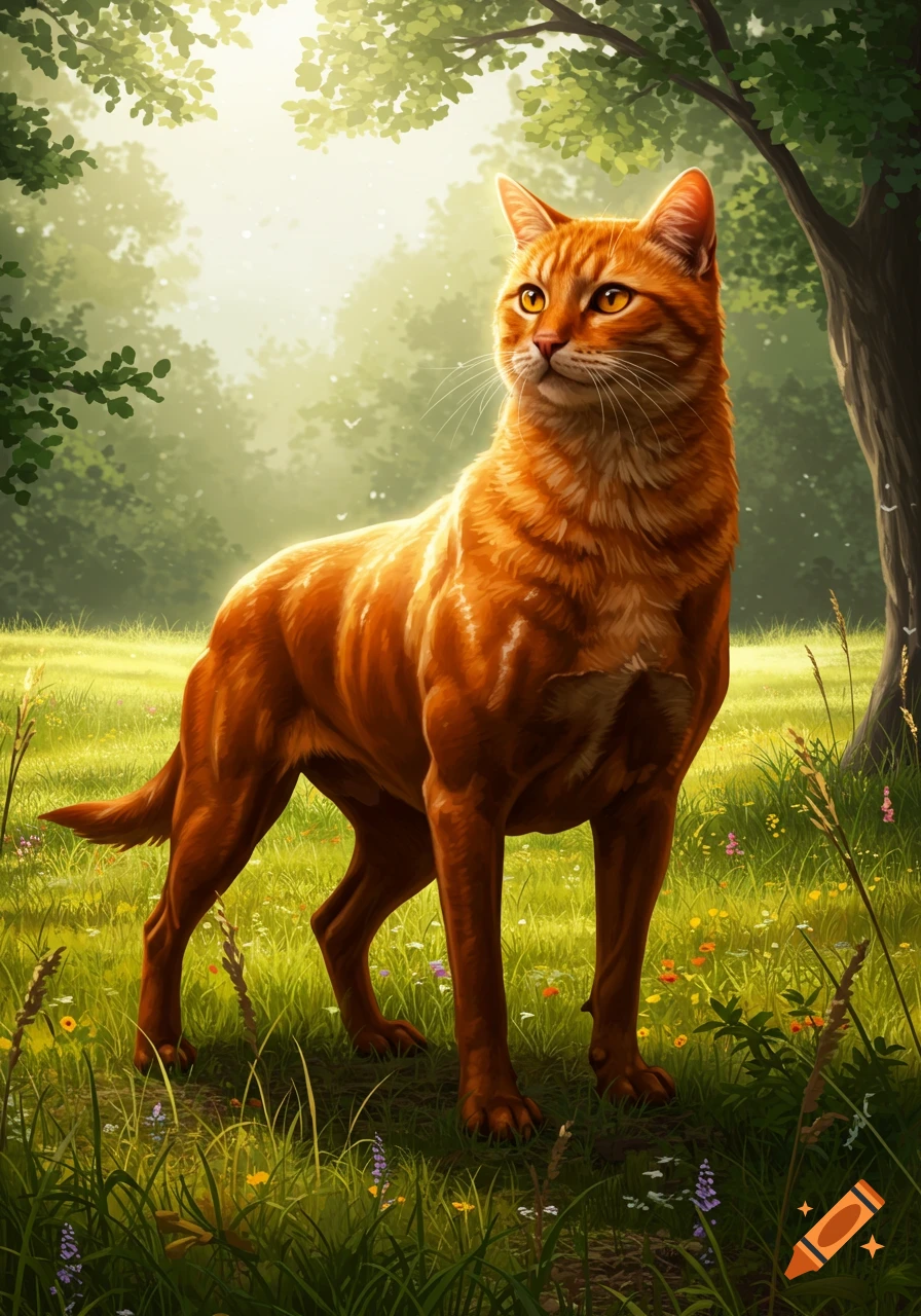 A ginger cat with the body of a dog stands in a sun-dappled forest clearing filled with wildflowers.