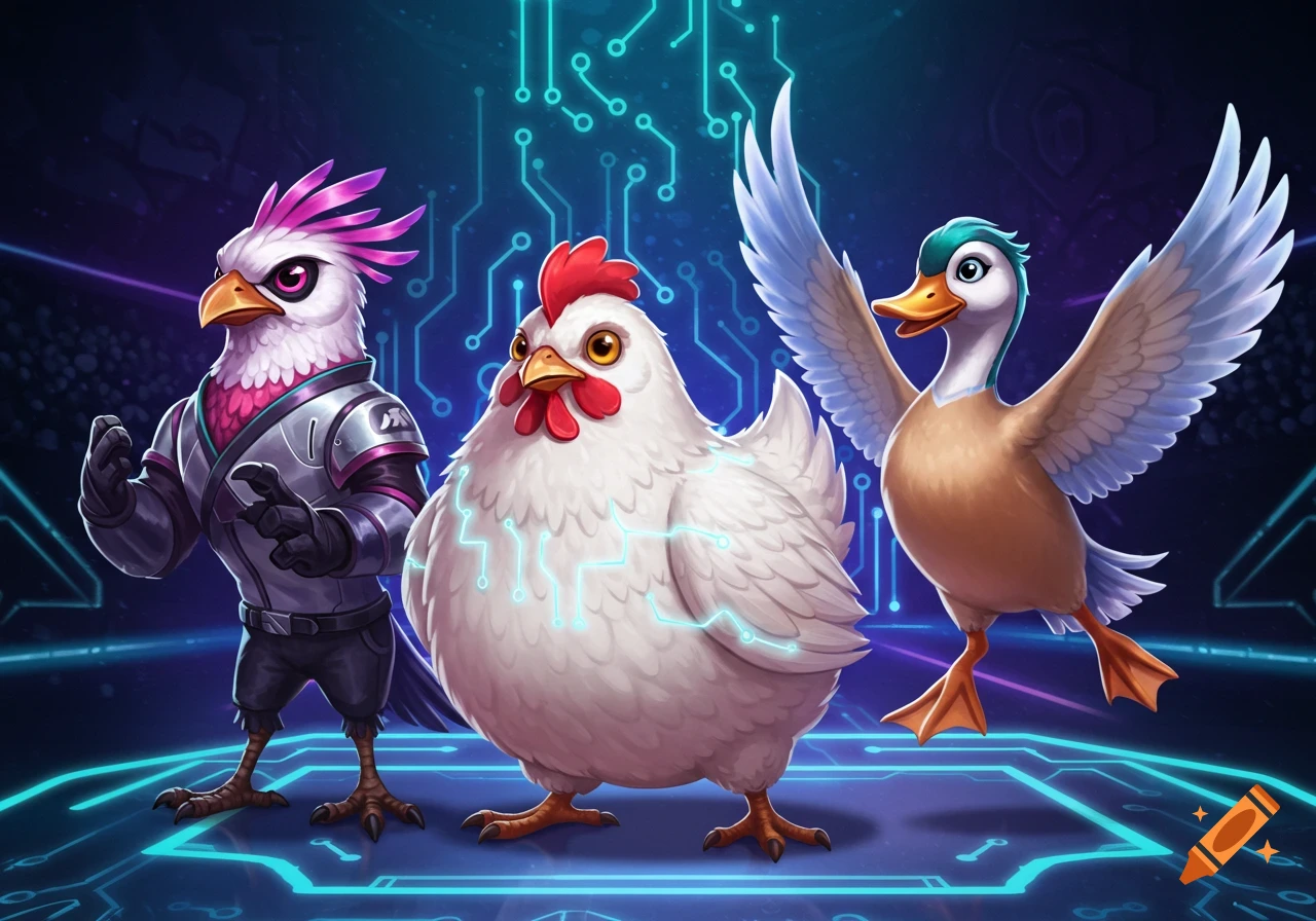 A futuristic eagle-like bird in armor, a chicken with glowing circuit patterns, and a duck with outstretched wings stand on a digital circuit board background.