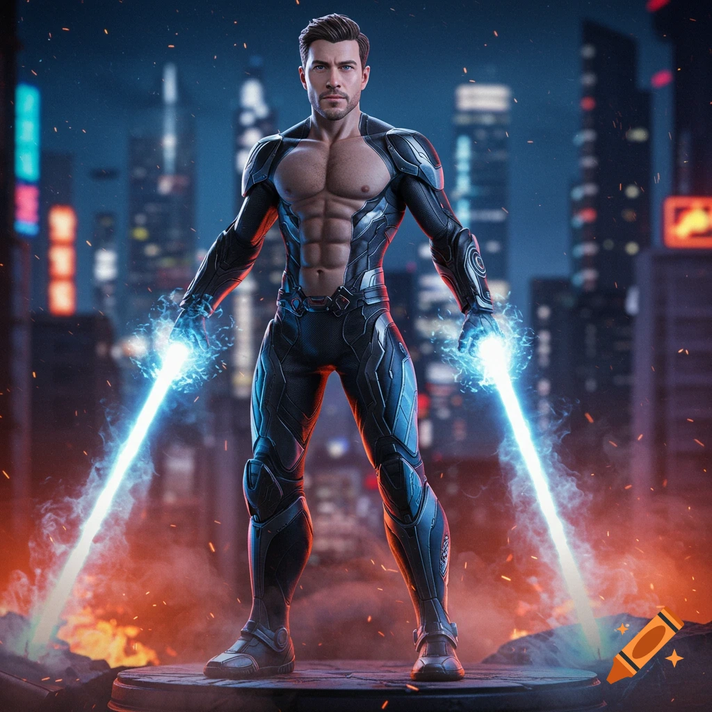Muscular superhero in a dark suit with glowing energy swords stands on a platform in a futuristic city at night, with fire.