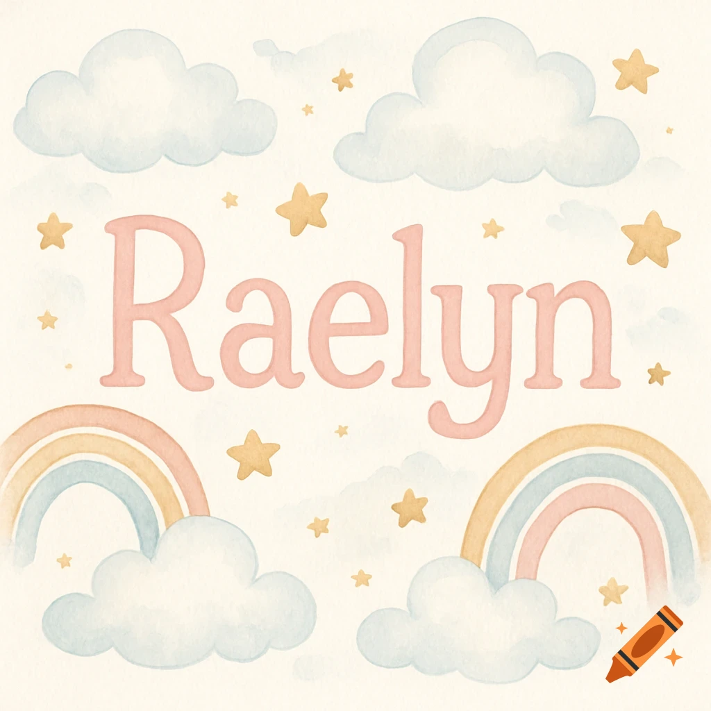 Pastel watercolor illustration of the name Raelyn in pink, surrounded by clouds, stars, and rainbows.