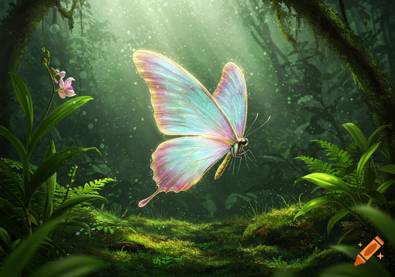 A luminous iridescent butterfly with glowing blue and pink wings flies through a magical, sun-dappled green forest.