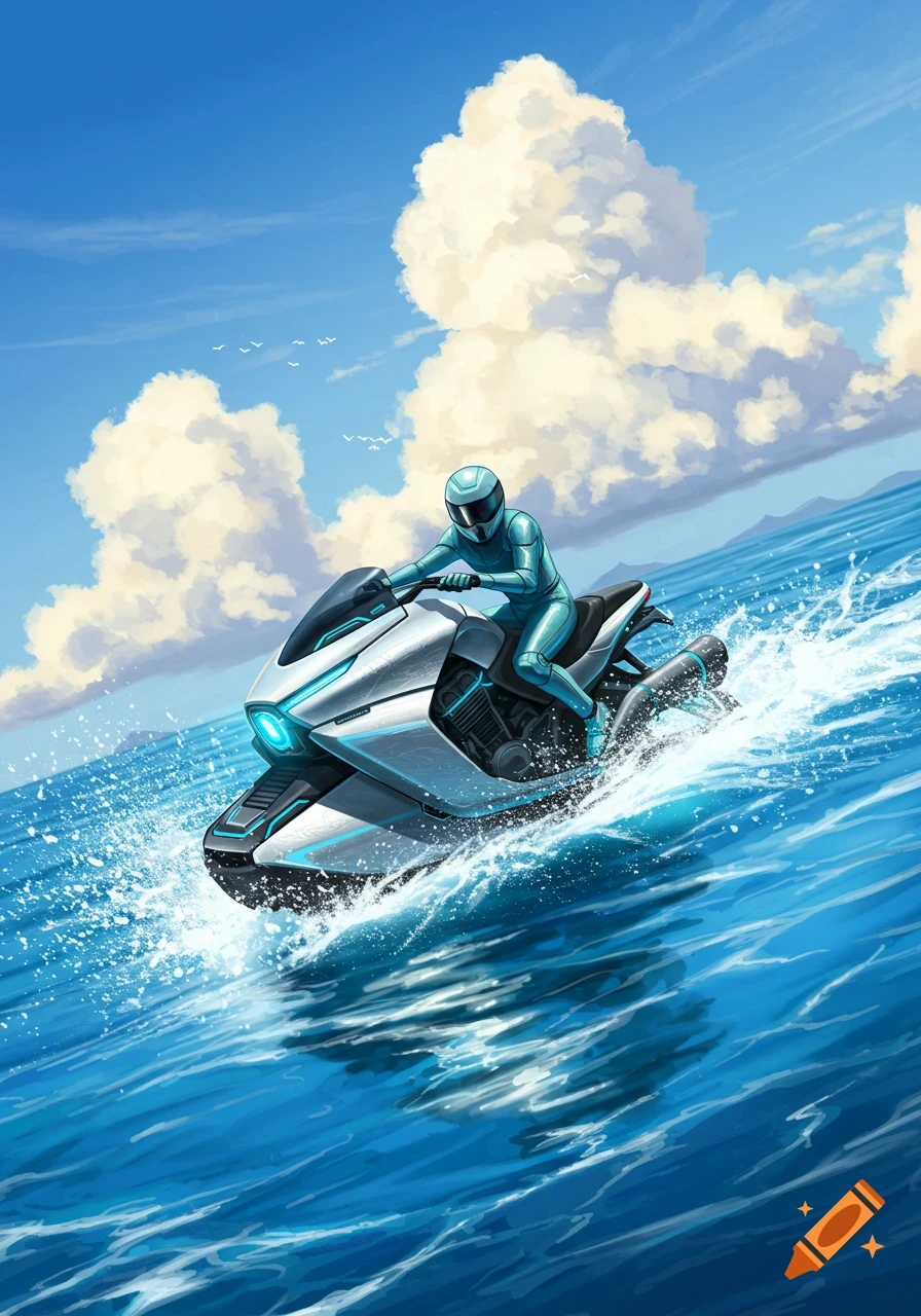 A futuristic teal-clad rider on a white and blue water motorcycle splashes through blue ocean waves under a bright sky with large clouds, digital art.