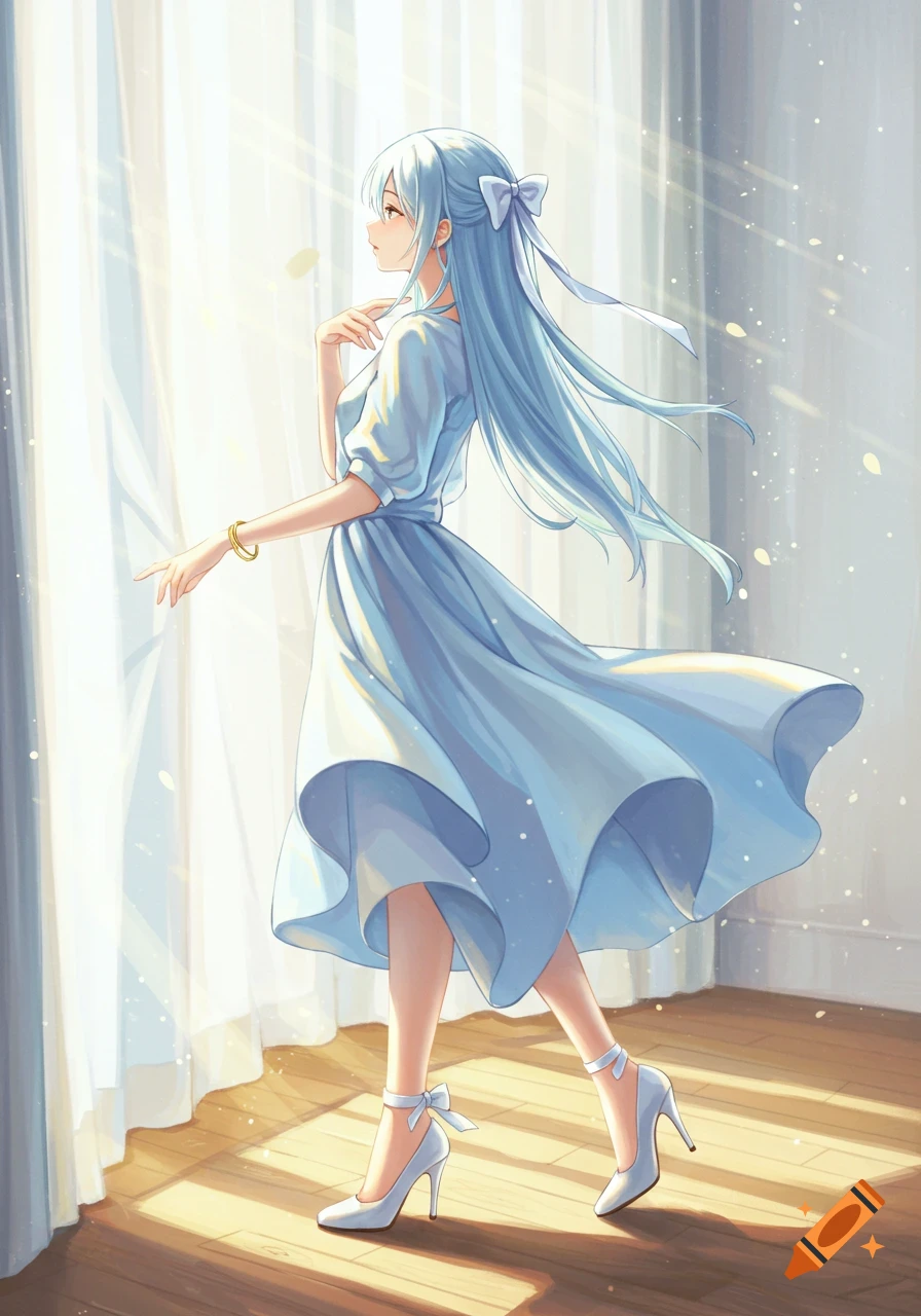 Anime girl with light blue hair, wearing a light blue dress and white heels, standing by a sunlit window.