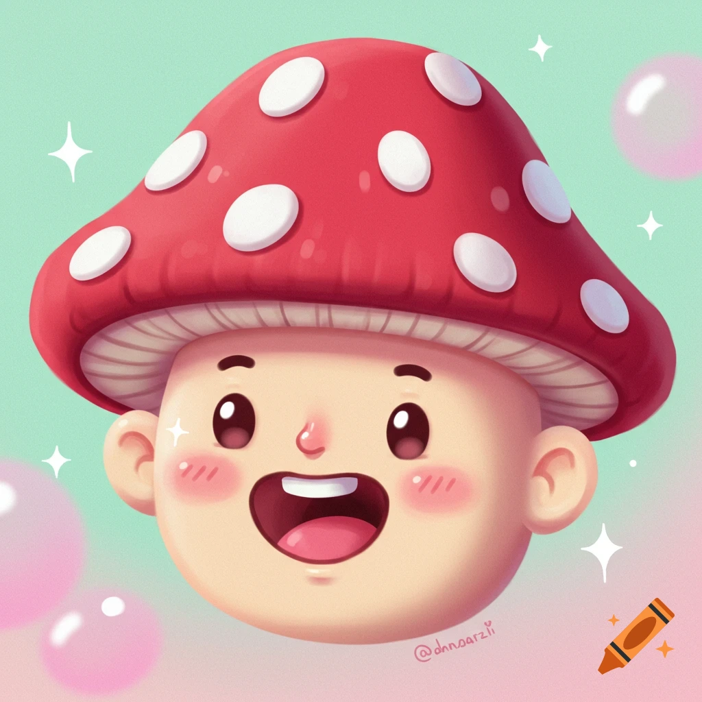 Cartoon happy face wearing a red and white spotted mushroom hat, with pink cheeks, sparkles, and bubbles.