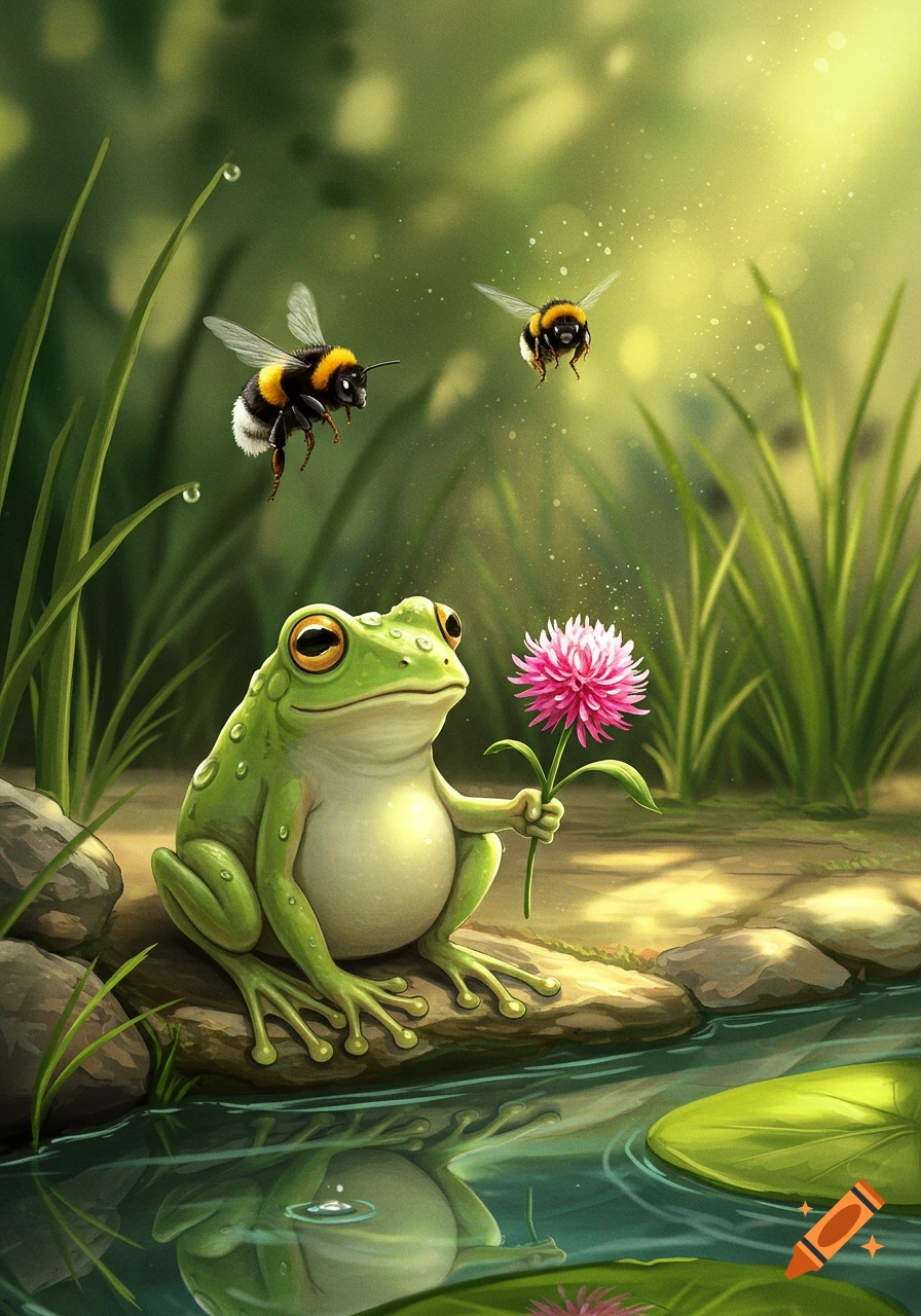 A cute green frog sits by a pond, holding a pink flower, with two bumblebees flying above it in a lush, bright green environment.