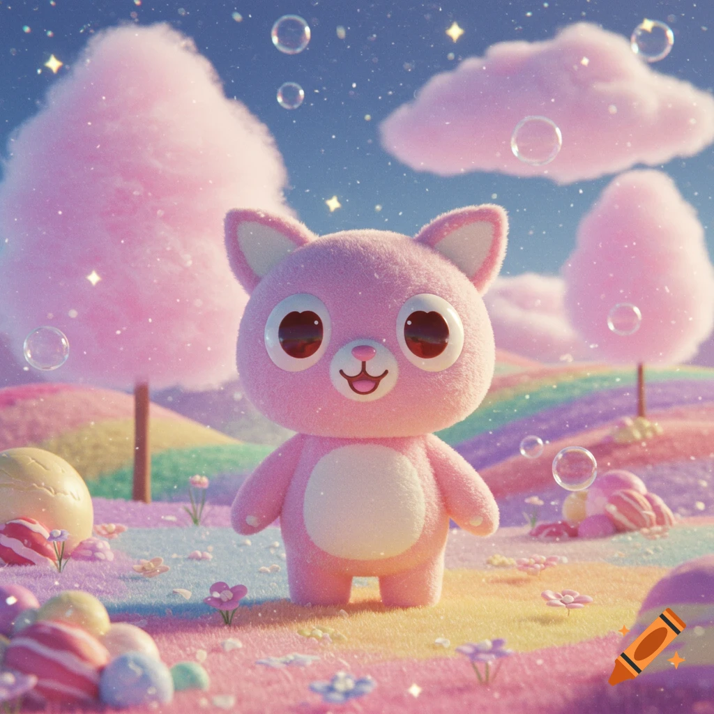 A fluffy pink cat-like creature with big eyes smiles in a whimsical landscape with cotton candy trees, rainbow hills, and floating bubbles.