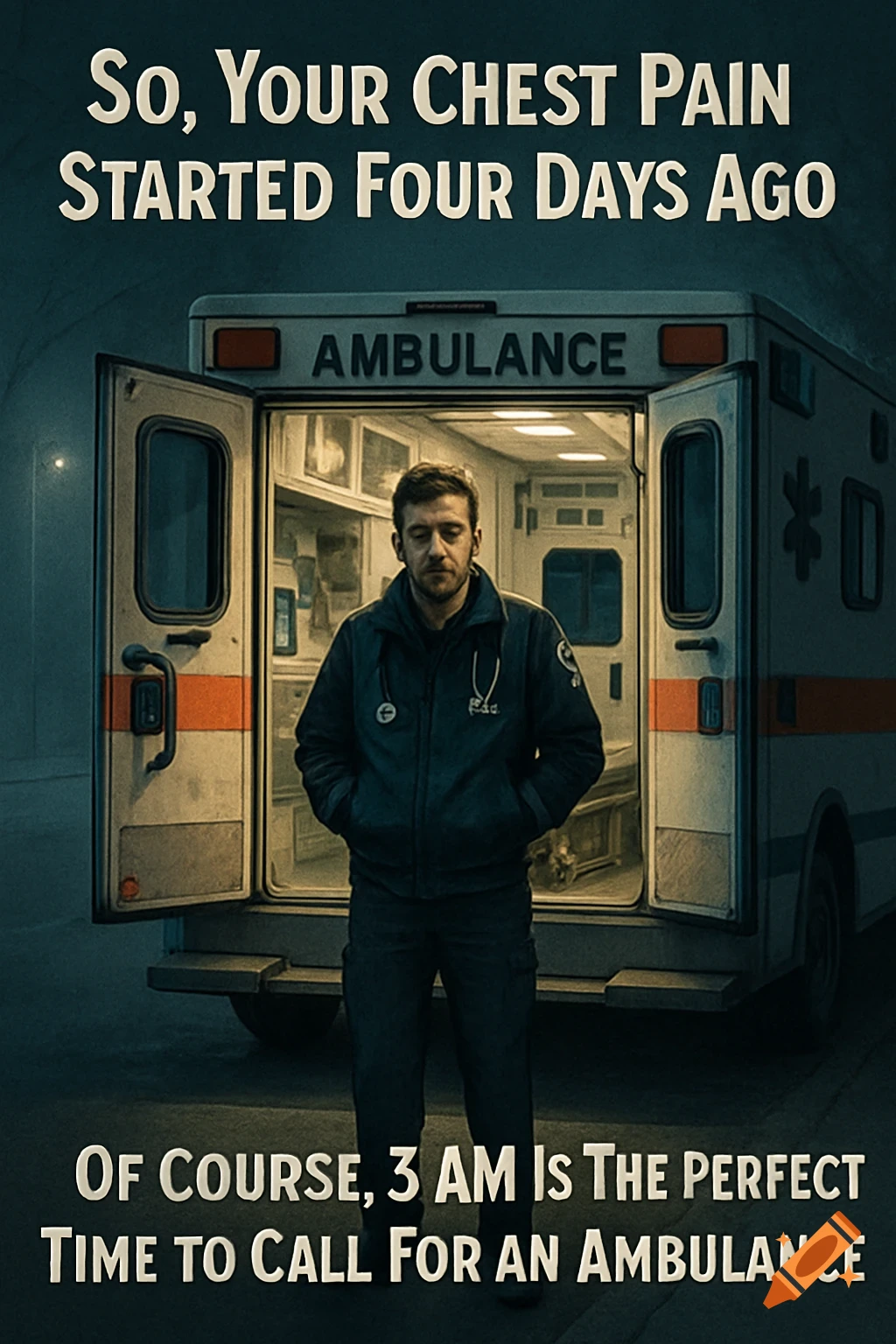 A tired paramedic stands in front of an open ambulance at night. Text above reads, "So, Your Chest Pain Started Four Days Ago," and below, "Of Course, 3 AM Is The PERFECT TIME To CALL For AN AMBULANCE."