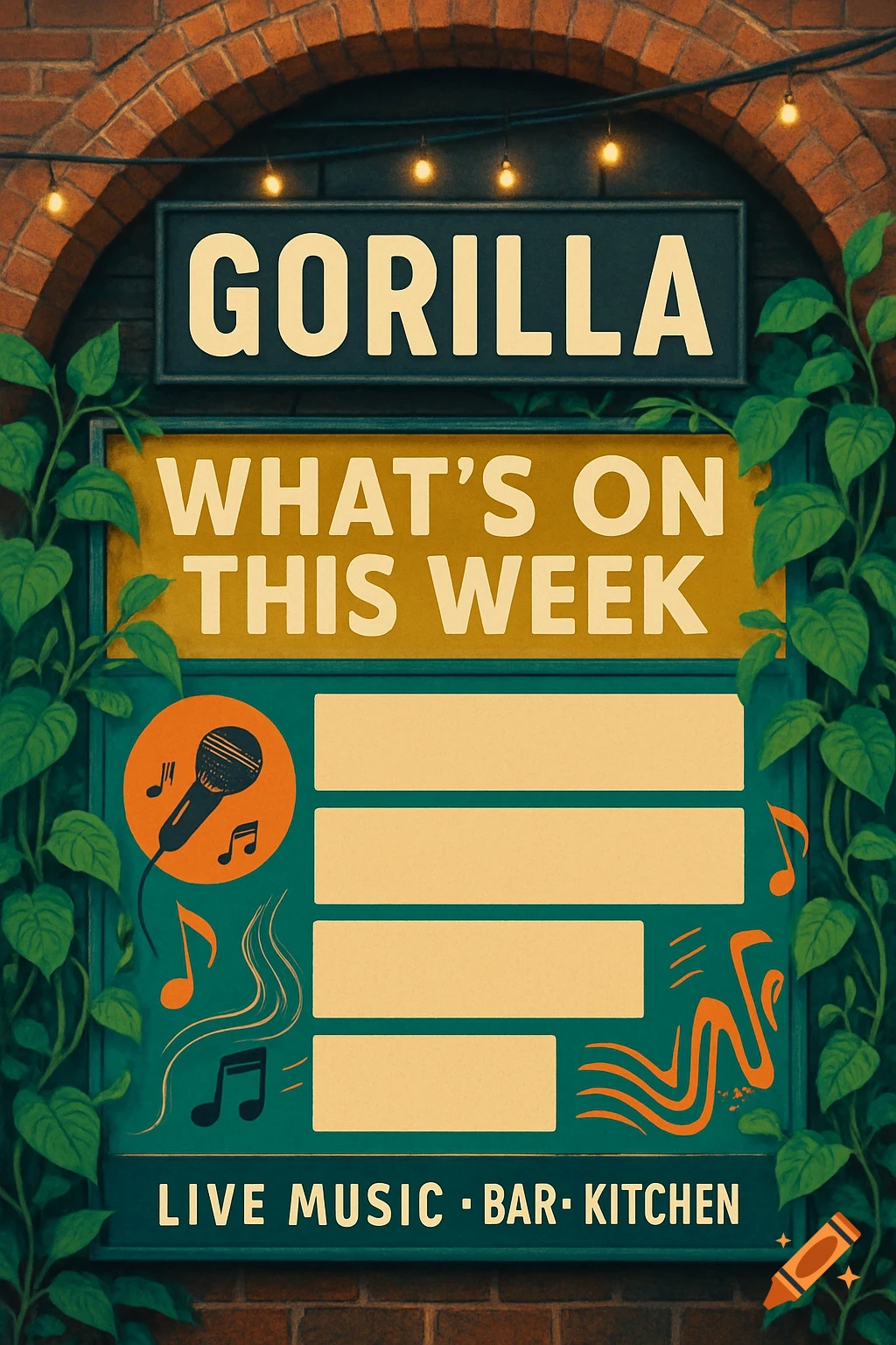 An illustrated "What's On This Week" sign for "Gorilla" music venue, framed by a brick arch with ivy and fairy lights.