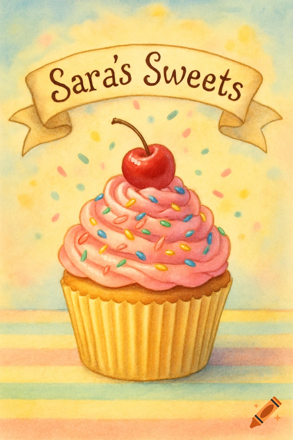 A cute, colorful illustration of a cupcake with pink frosting, sprinkles, and a cherry, under a banner reading 'Sara's Sweets' on a striped background.