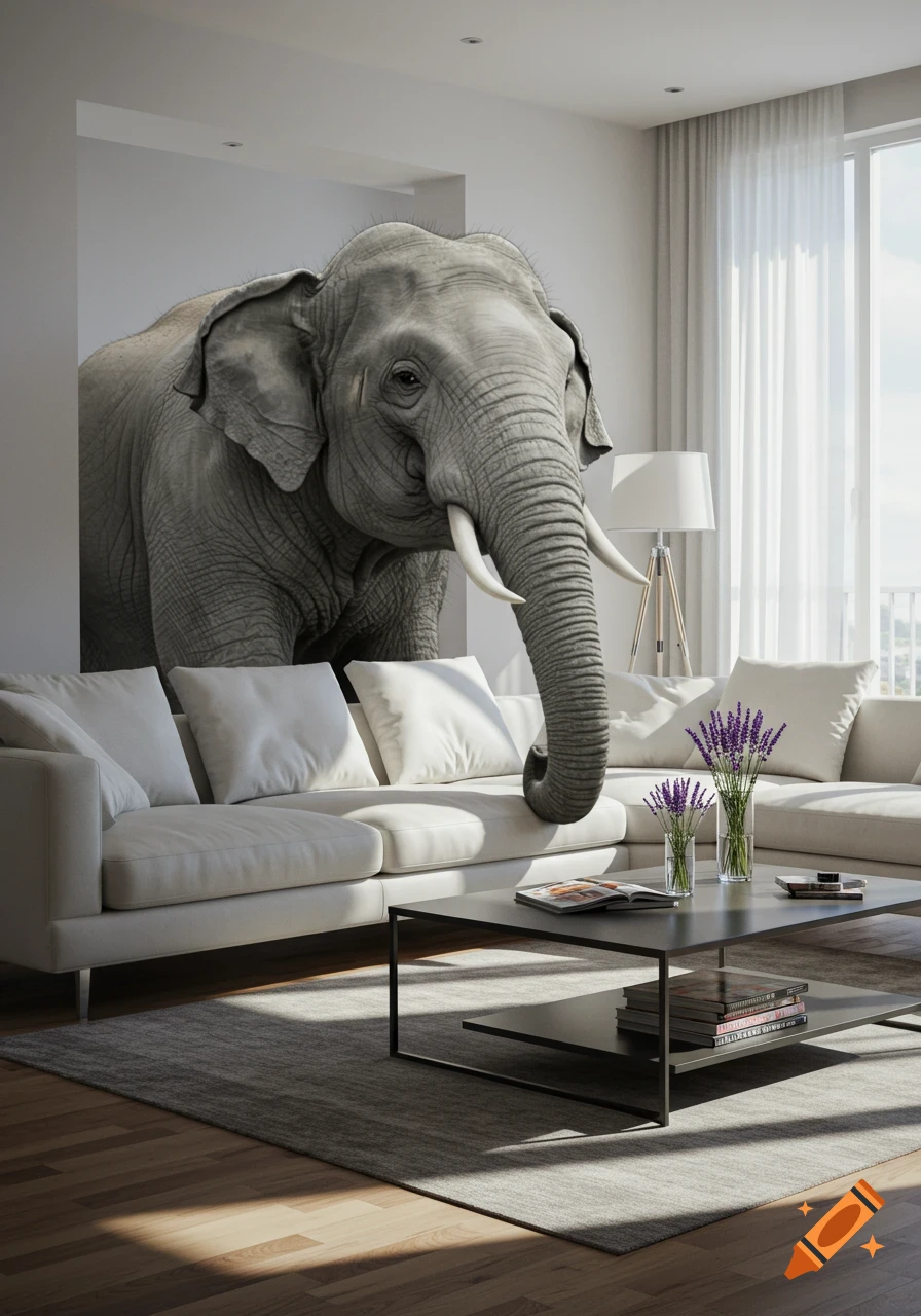 A large, photorealistic elephant partially visible in a modern living room with white sofas, a coffee table, and a large window.