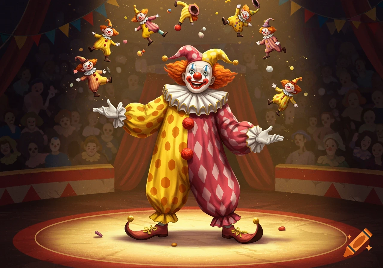 A colorful, smiling clown juggles tiny clowns in a circus ring with a blurred audience, in an illustrative style.