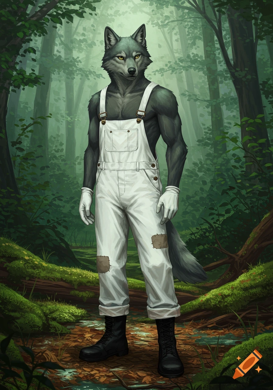 A tall anthropomorphic wolf in white overalls, black boots, and white gloves stands in a lush green forest.