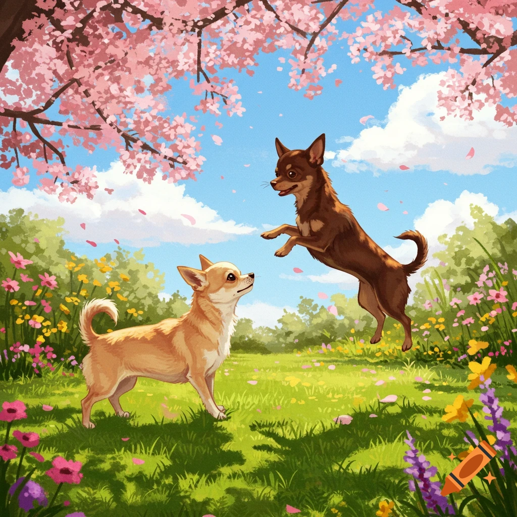 Two Chihuahuas play in a vibrant, flowery field under a cherry blossom tree on a sunny day.