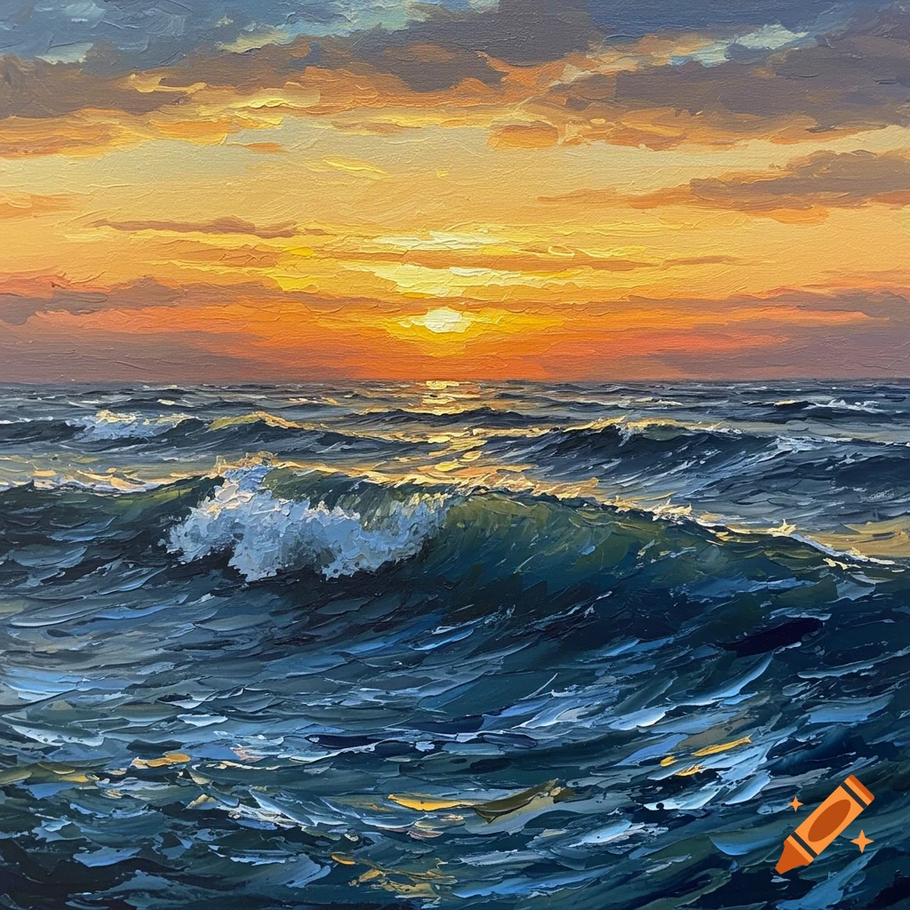 An expressive oil painting of a vibrant sunset over churning ocean waves with a glowing warm sky.