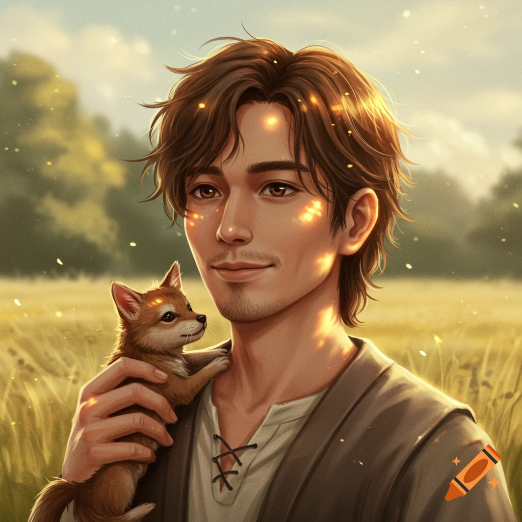 Digital art of a kind man with brown hair holding a small fox in a sun-dappled golden field.