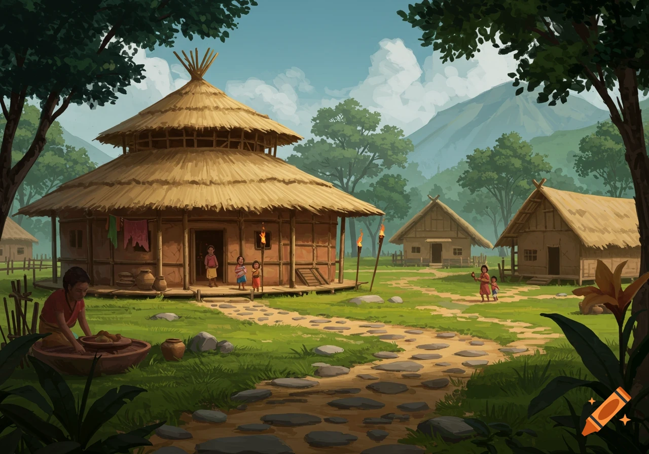 Illustrated scene of a traditional village with thatched huts, people engaged in daily life, lush green grass, and distant mountains.