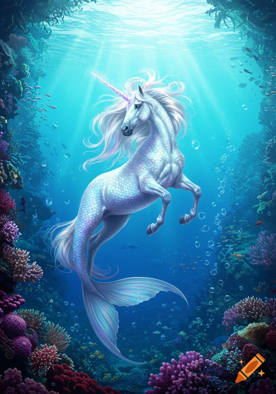 A majestic unicorn mermaid with a flowing white mane and shimmering scales swims gracefully through a vibrant coral reef.