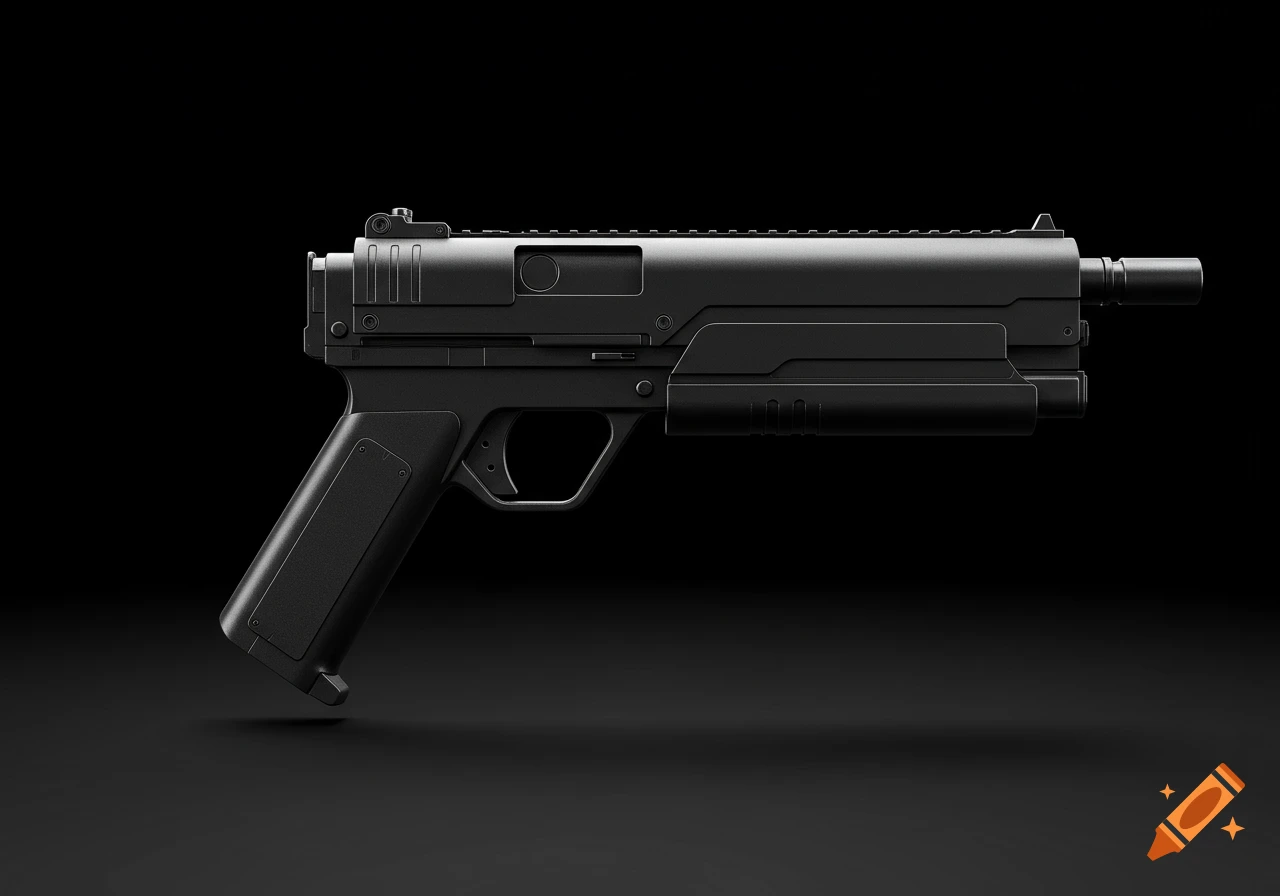 A sleek, dark gray futuristic compact assault blaster weapon on a black background.