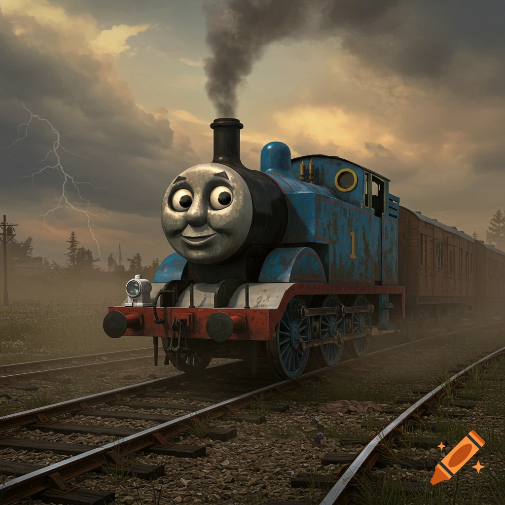 A weathered Thomas the Tank Engine train with a smiling face on tracks under a dramatic, stormy sky with lightning.