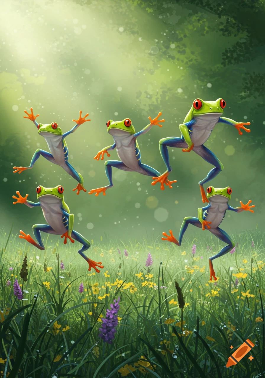 Five vibrant red-eyed tree frogs jump playfully in a sunny green field with wildflowers, stylized illustration.